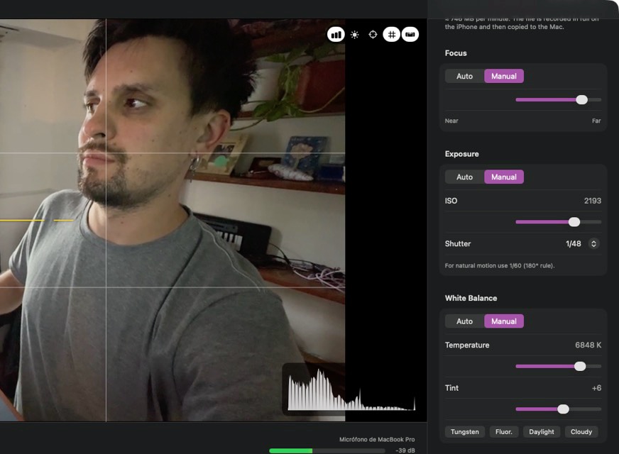Manual focus, ISO, shutter and white balance in Takeframe for Mac