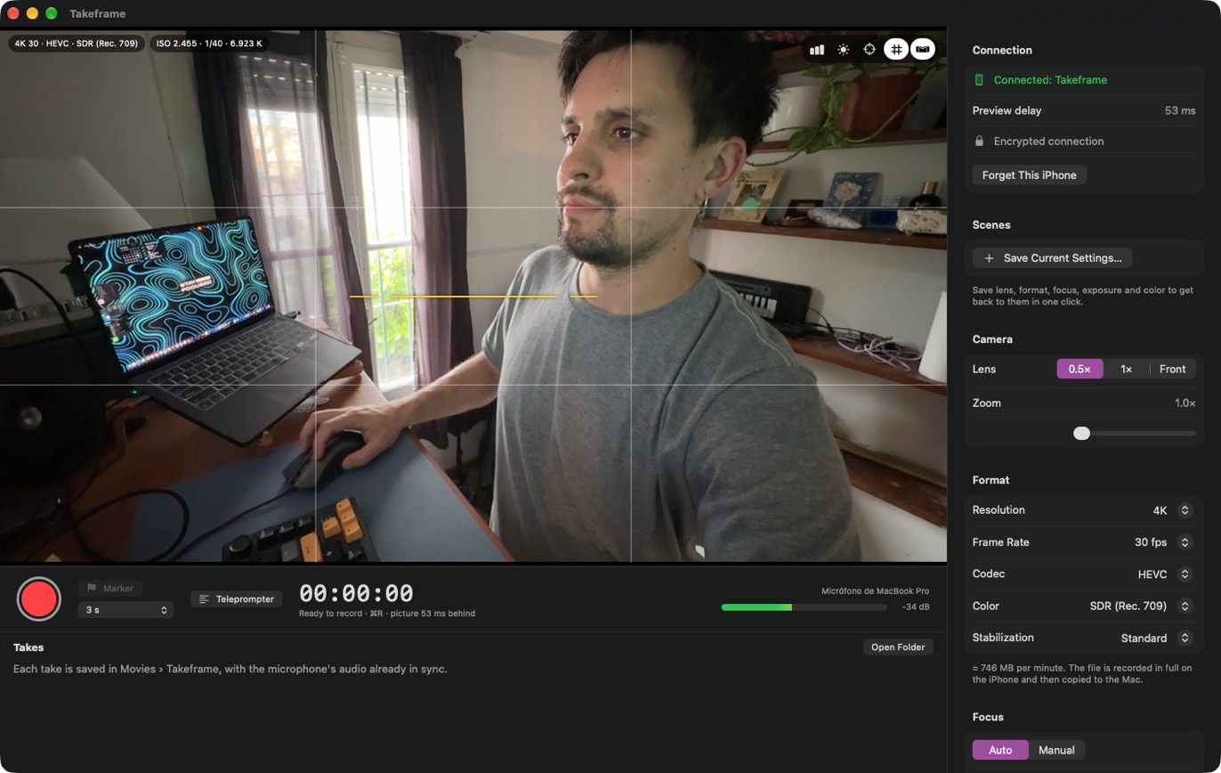 Takeframe on a Mac: the live picture from the iPhone with the camera controls on the right